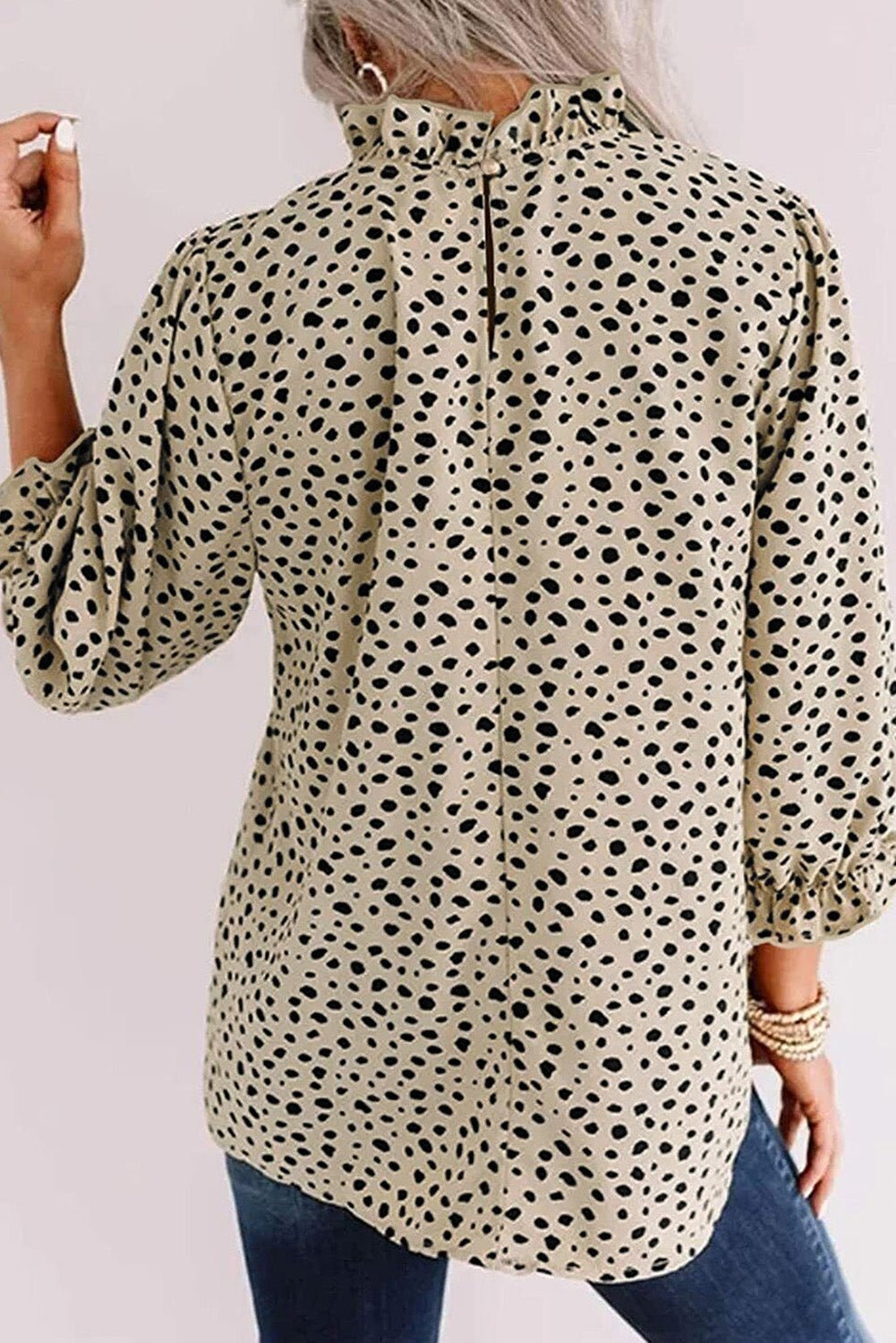 Khaki Leopard 3/4 Ruffle Sleeve Frill Neck Blouse - The Charming Petite