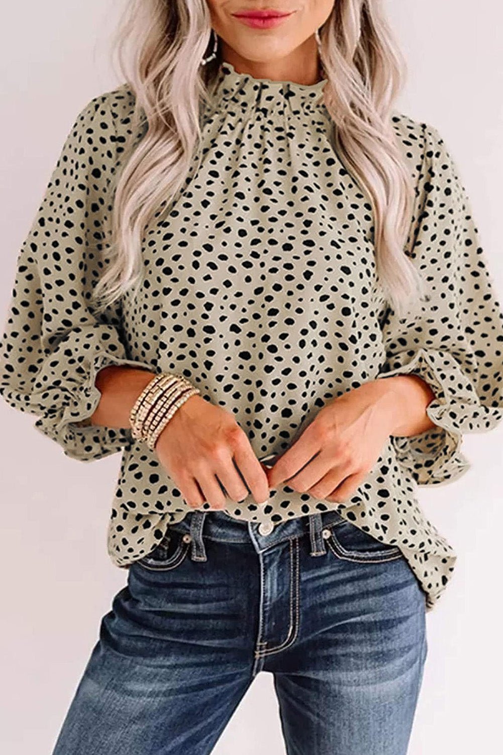 Khaki Leopard 3/4 Ruffle Sleeve Frill Neck Blouse - The Charming Petite