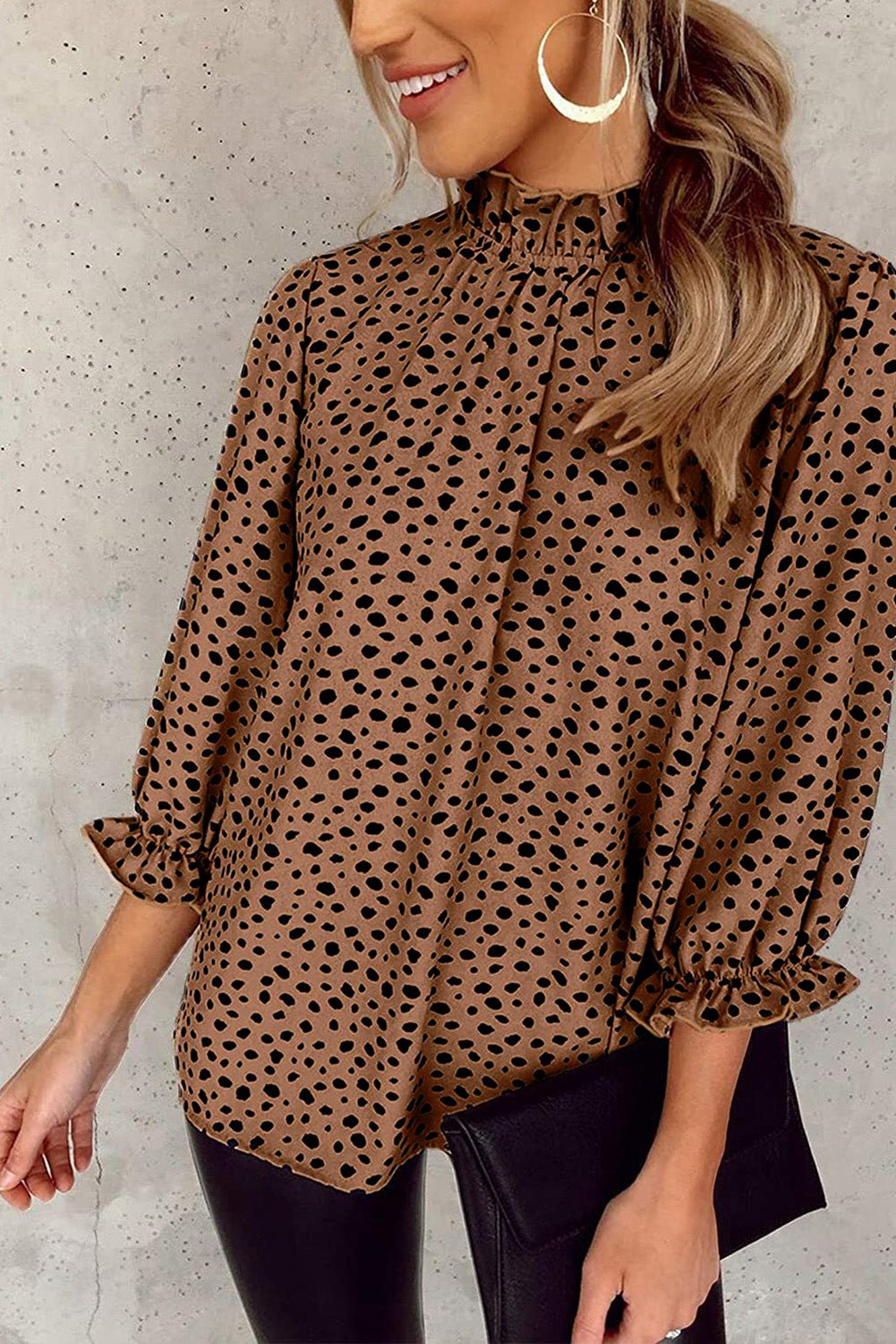 Khaki Leopard 3/4 Ruffle Sleeve Frill Neck Blouse - The Charming Petite