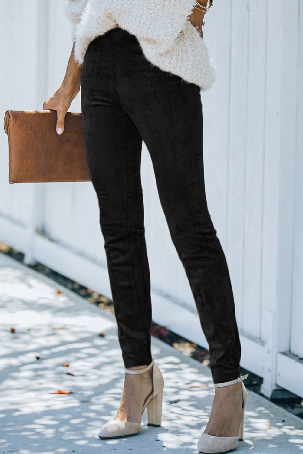 Mid Rise Faux Suede Skinny Leggings - The Charming Petite