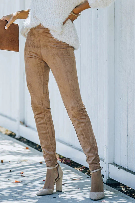 Mid Rise Faux Suede Skinny Leggings - The Charming Petite