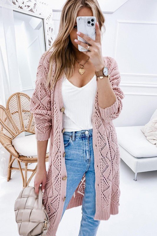 Plus Eyelet sweater button crochet knit cardigan - The Charming Petite